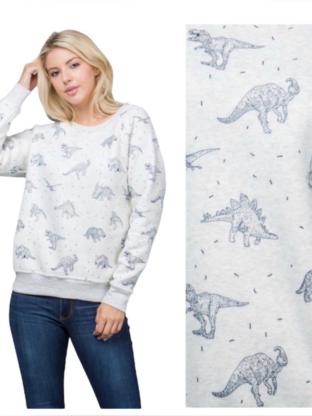 L.A Soul Dino Print Crewneck Sweatshirt - Light Heather Gray